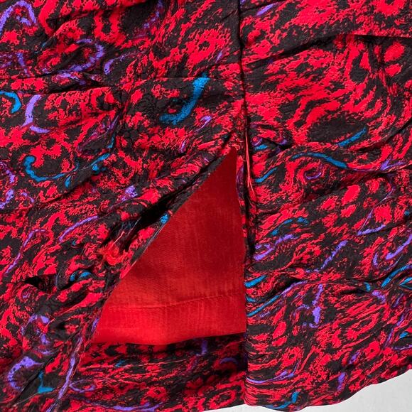 RAUL BLANCO Vintage 80s Silk Pencil Skirt 12 Red Multi Scrunch Ruched Printed - Picture 12 of 15